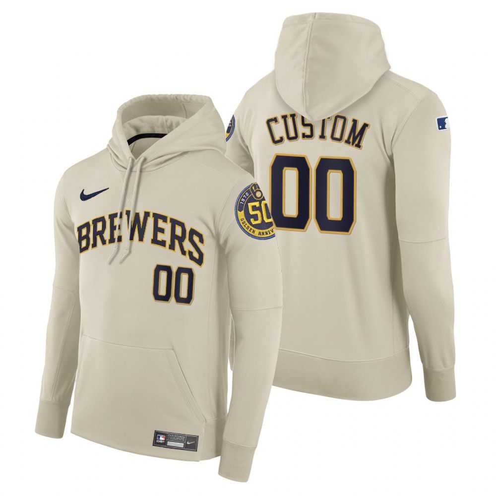 Men Milwaukee Brewers 00 Custom cream home hoodie 2021 MLB Nike Jerseys